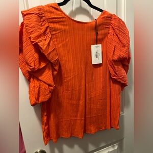 THML scarlet red orange crinkle ruffled puffed sleeves size large NEW